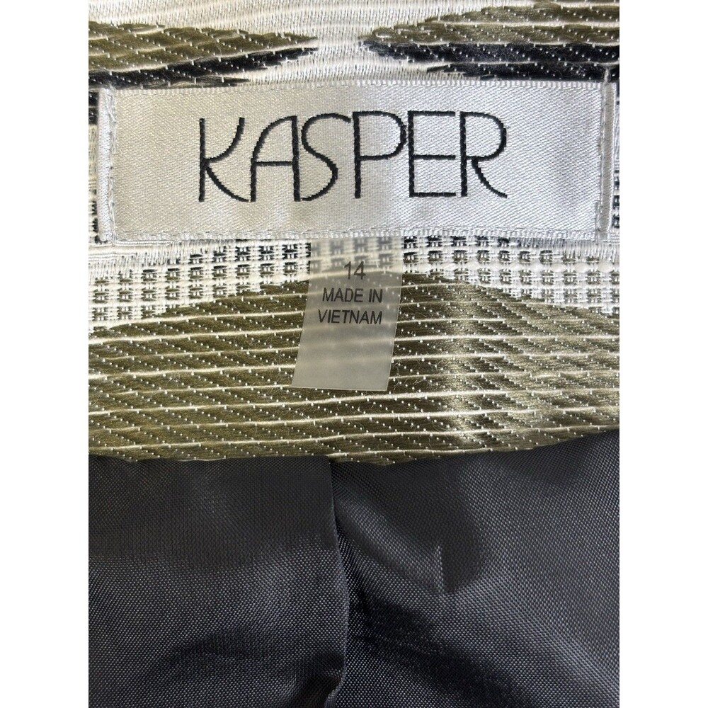 Kasper Womens 14 Green/Brown/Cream Striped Textured Open Collarless Blazer - Picture 5 of 8